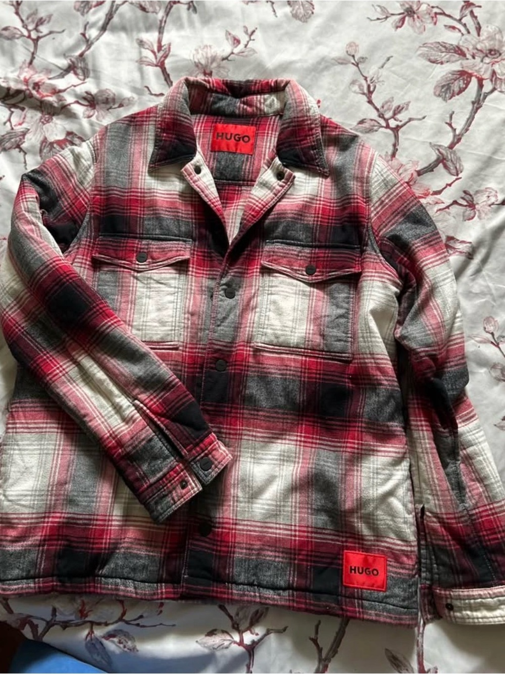 Hugo Boss Red and Gray Plaid Shirt Jacket